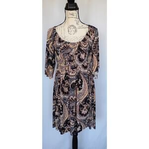 Boston‎ Proper Paisley Brown Black Babydoll Dress Size 12 On/Off Shoulder Boho